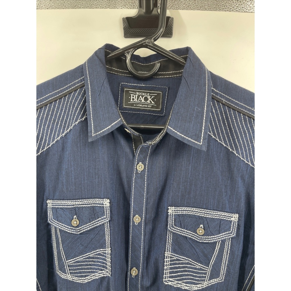 Buckle Black Button Down Shirt Mens Large Blue Excellent Athletic Fit Western